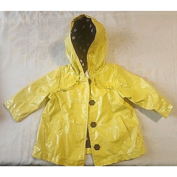 Infant Girls Raincoat 12 M Yellow Daisy Floral Lining Waterproof Pockets Button - Picture 1 of 9